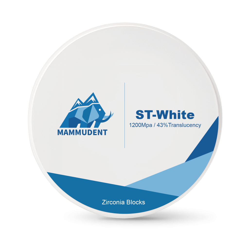 Mammudent ST-White dental white zirconia disc with 1200Mpa flexural strength and 43% translucency.