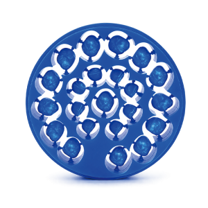 Mammudent 98mm blue dental wax disc milled with crown wax-up models for lost-wax casting.