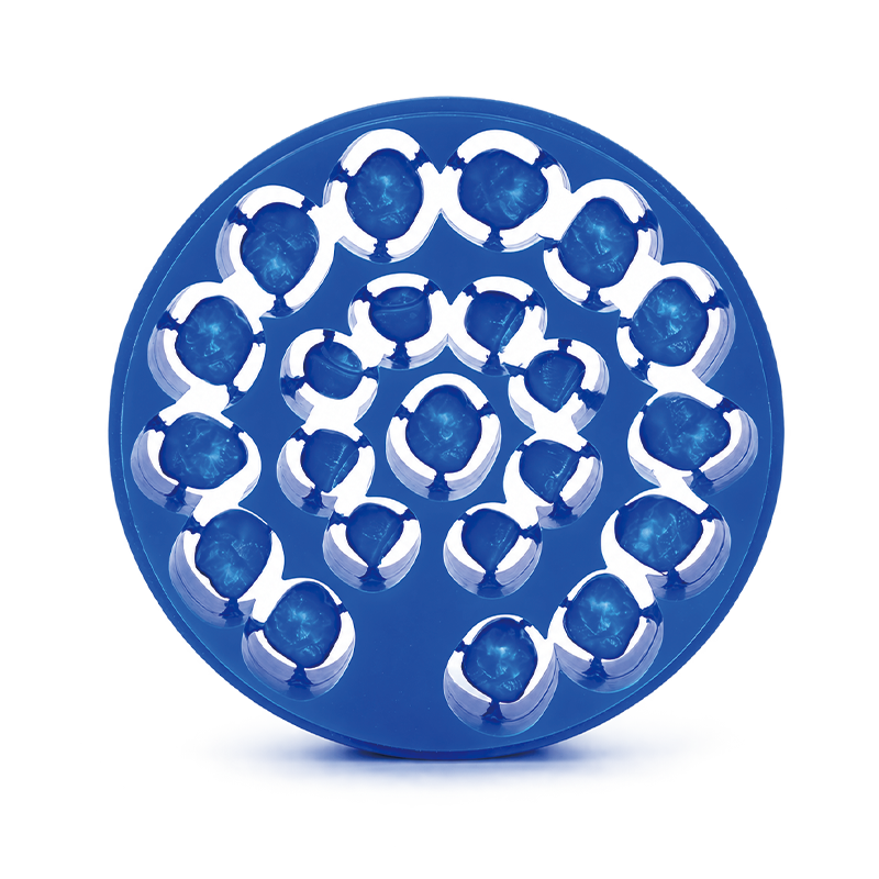 Mammudent 98mm blue dental wax disc milled with crown wax-up models for lost-wax casting.