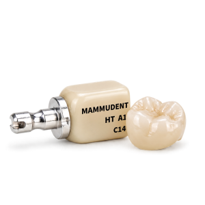 ceramic block with a metal mandrel alongside a polished full contour crown.