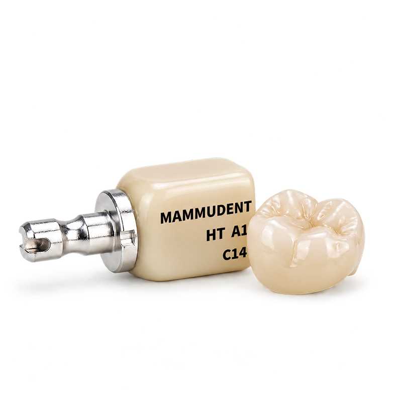 ceramic block with a metal mandrel alongside a polished full contour crown.